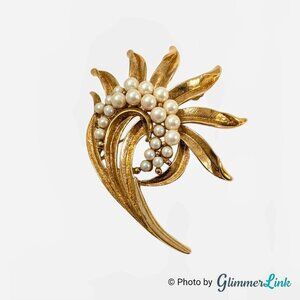 Vintage Monet Brooch – Gold Tone Leaf Spray Wave Design with Faux Pearls, 2 1/2"